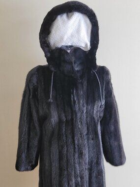 HOODED NATURAL Black Ranch Female Mink Coat Petite Size 4